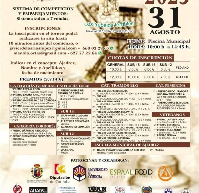 El XIII Torneo de Ajedrez “Ciudad de Peñarroya-Pueblonuevo” se disputará el 31 de agosto