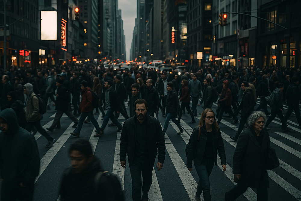 Una foto urbana caótica, con gente cruzando sin rumbo, reflejando esa “sociedad desbordada”.
