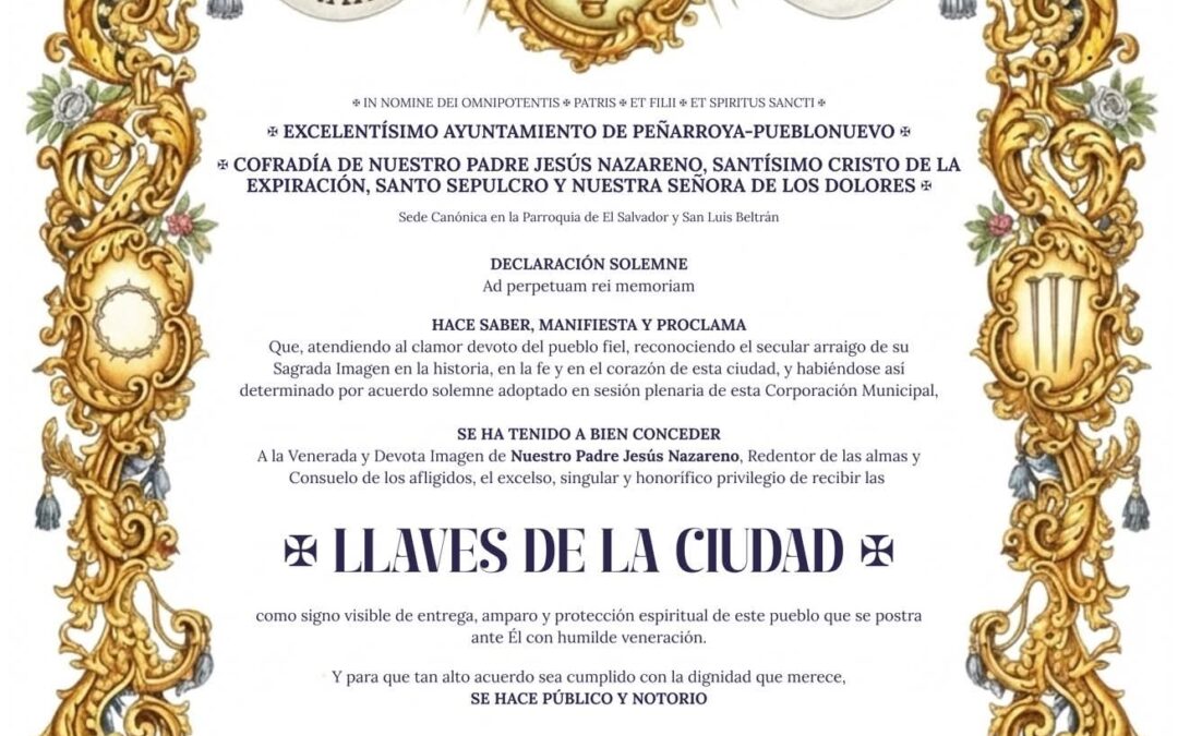 La Cofradía de Nuestro Padre Jesús Nazareno convoca actos extraordinarios por la concesión de la Llave de Oro de la ciudad