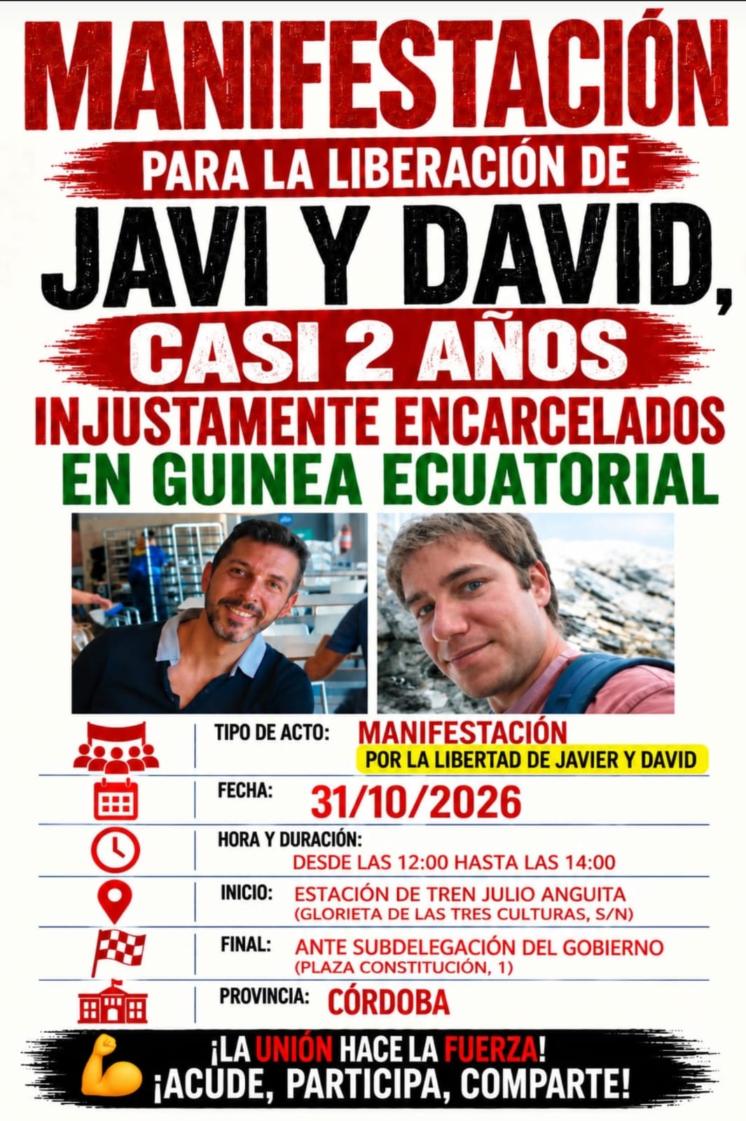 Córdoba se movilizará el 31 de octubre por la libertad de Javi y David